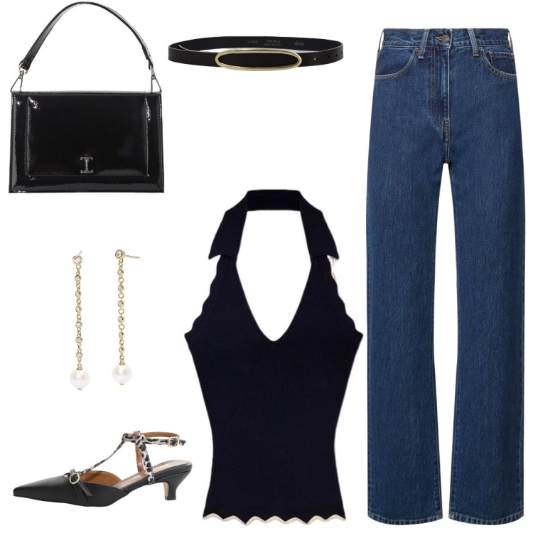 Outfit donna - Total look #2111981. Abbinamento con orecchini, décolleté, borse a tracolla, cinture, jeans dritti, top.