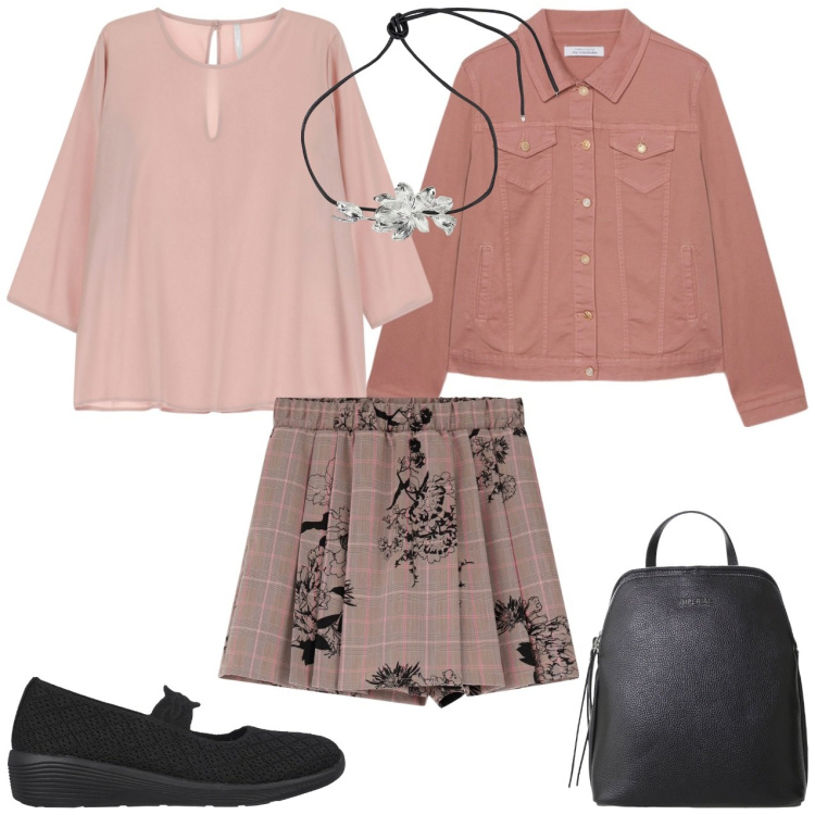 Outfit donna - Gonna con blusa. Stile Casual per Tutti i giorni. Abbinamento con bluse, gonne, zaini, collane, blazer, ballerine.