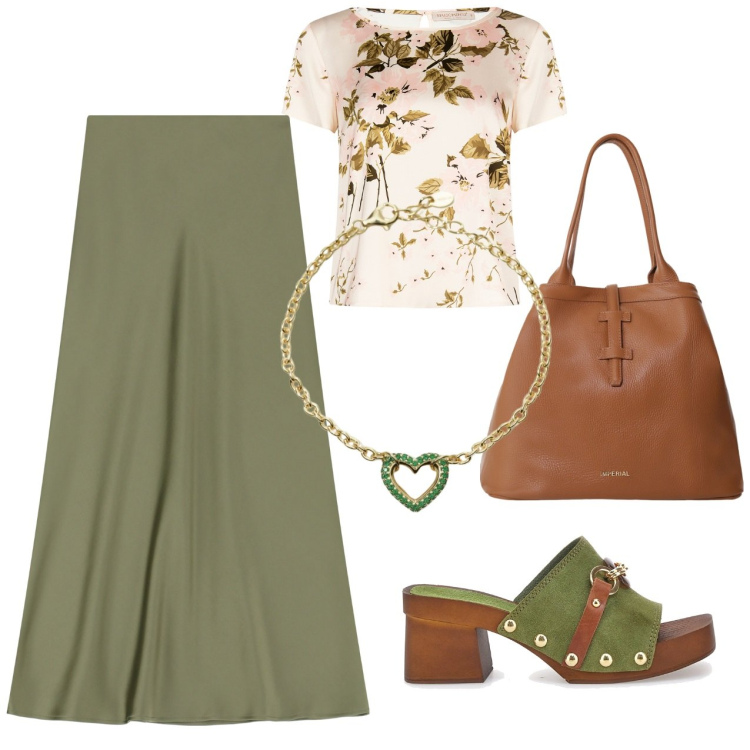 Outfit donna - Gonna verde blusa a fiori. Stile Casual per Tutti i giorni. Abbinamento con gonne lunghe, borse tote, braccialetti, bluse, zoccoli.