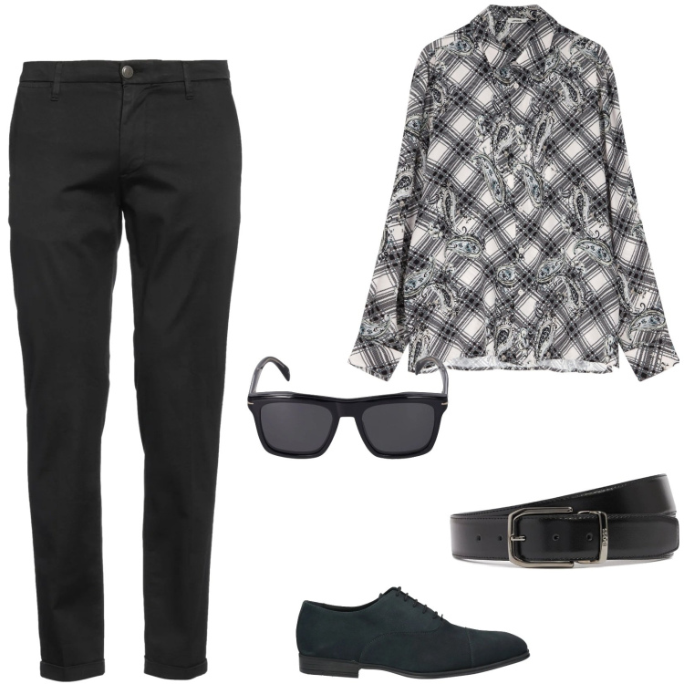 Outfit uomo - Stampe geometriche. Stile Casual per Tutti i giorni. Abbinamento con pantaloni chino, scarpe stringate, camicie, occhiali da sole, cinture.