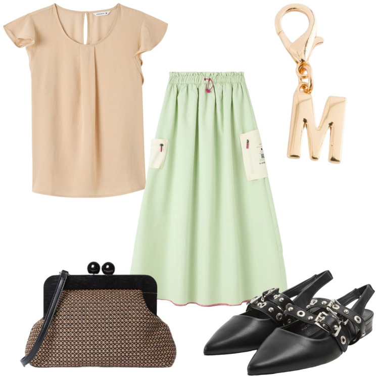 Outfit donna - Total look #2111985. Stile Trendy per Tutti i giorni. Abbinamento con bluse, gonne lunghe, sabot, portachiavi, clutch.