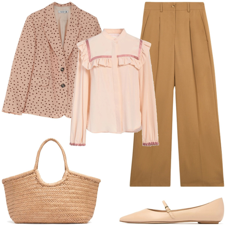 Outfit donna - Total look #2111987. Stile Casual per Tutti i giorni. Abbinamento con camicie, blazer, shopping bag, ballerine, pantaloni a palazzo.