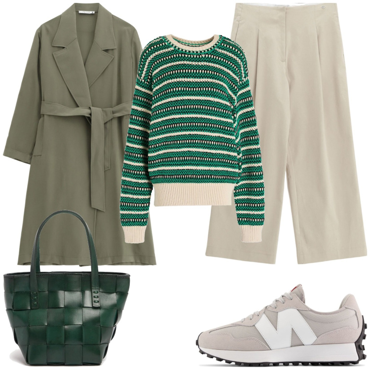 Outfit donna - Total look #2111989. Stile Casual per Tutti i giorni. Abbinamento con pullovers, sneakers, trench, pantaloni a palazzo, borse a mano.