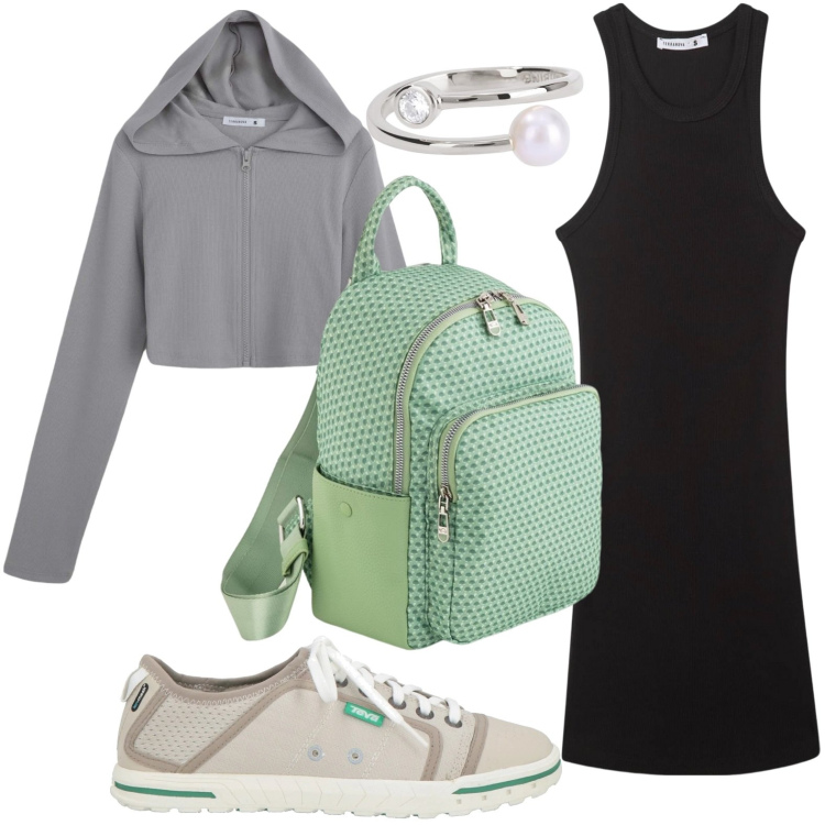 Outfit donna - Il vestito maxi canotta. Stile Minimal per Scuola/Università. Abbinamento con sneakers, felpe con cappuccio, vestiti corti, anelli, zaini.