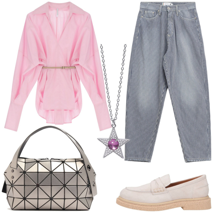 Outfit donna - Total look #2112001. Stile Casual chic per Tutti i giorni. Abbinamento con mocassini, ciondoli, jeans mom, camicie, borse a mano.