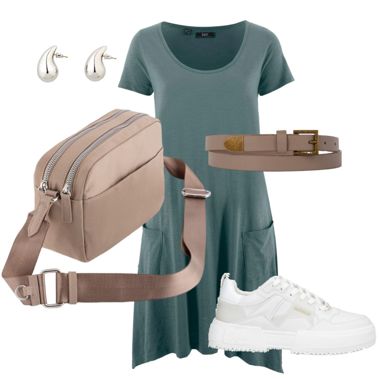 Outfit donna - L\'abito sportivo. Stile Minimal per Tutti i giorni. Abbinamento con vestiti corti, orecchini, sneakers, cinture, borse a tracolla.