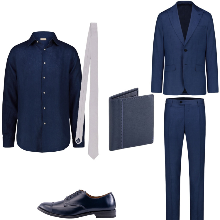 Outfit uomo - Look monocromatico. Stile Business/Elegante per Ufficio. Abbinamento con abiti, camicie, scarpe stringate, cravatte, portafogli.