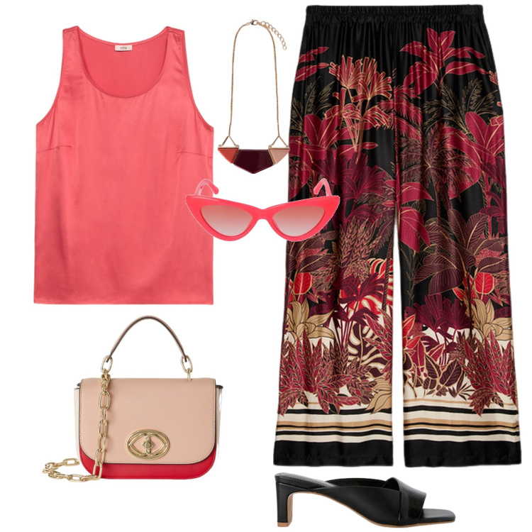 Outfit donna - Curvy stile. Stile Casual chic per Serata fuori. Abbinamento con pantaloni, occhiali da sole, borse a tracolla, ciondoli, sabot, top.