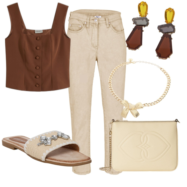 Outfit donna - La collana con il fiocco. Stile Casual chic per Tutti i giorni. Abbinamento con pantaloni, top, ciabatte, collane, orecchini, pochette.