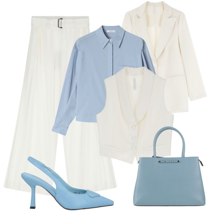 Outfit donna - Bianco latte e azzurro polvere. Stile Glamour per Serata fuori. Abbinamento con décolleté, borse a mano, blazer, gilet, pantaloni, camicie.