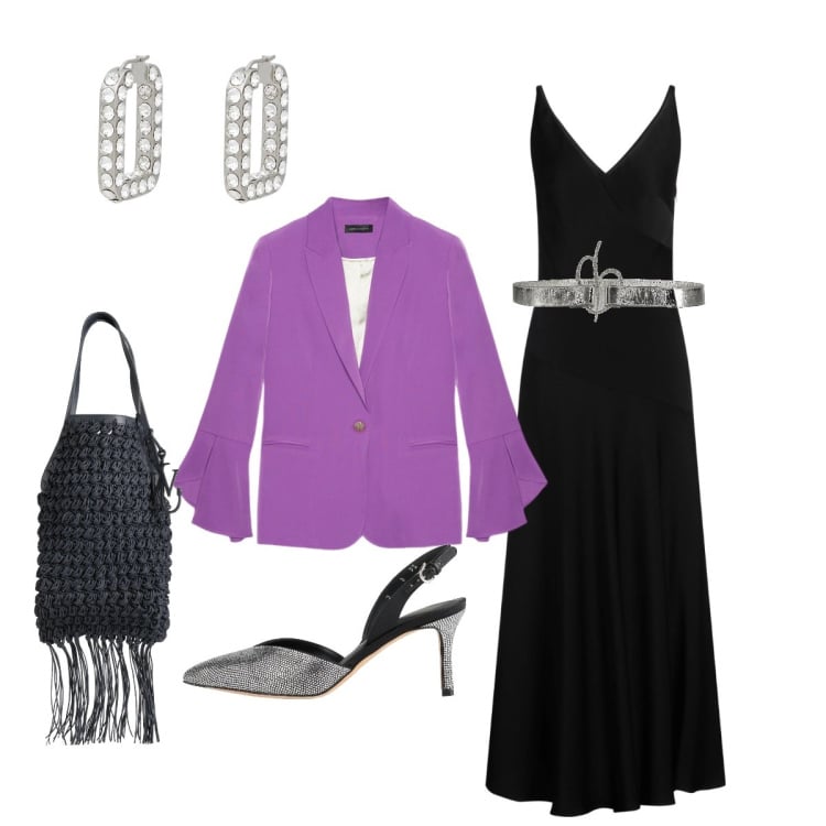 Outfit donna - Cerimonia in serata. Stile Chic per Serata fuori. Abbinamento con vestiti lunghi, cinture, borse a mano, orecchini, décolleté, blazer.