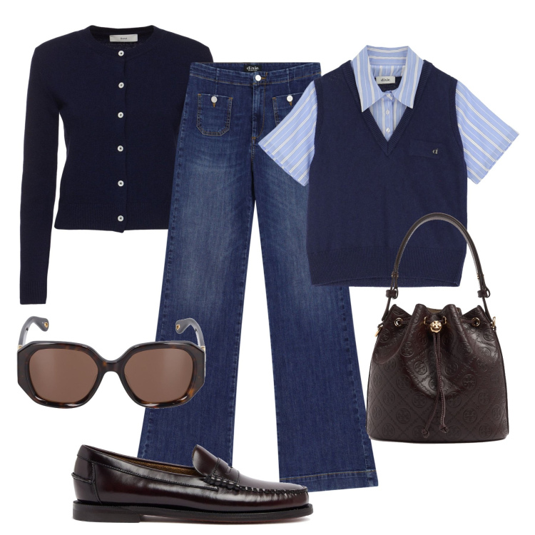 Outfit donna - Preppy 2025 style. Stile Preppy per Tutti i giorni. Abbinamento con jeans a zampa, gilet, cardigans, mocassini, borse a secchiello, occhiali da sole.
