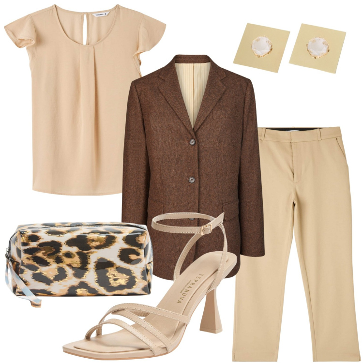 Outfit donna - Cioccolato e crema. Stile Casual chic per Ufficio. Abbinamento con bluse, pantaloni chino, sandali col tacco, valigie, orecchini, blazer.