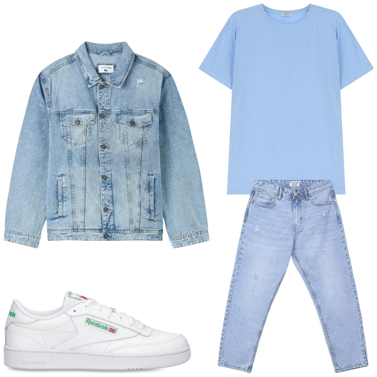 Outfit uomo - In jeans. Stile Casual per Tutti i giorni. Abbinamento con giacche, jeans strappati, t-shirt, sneakers.