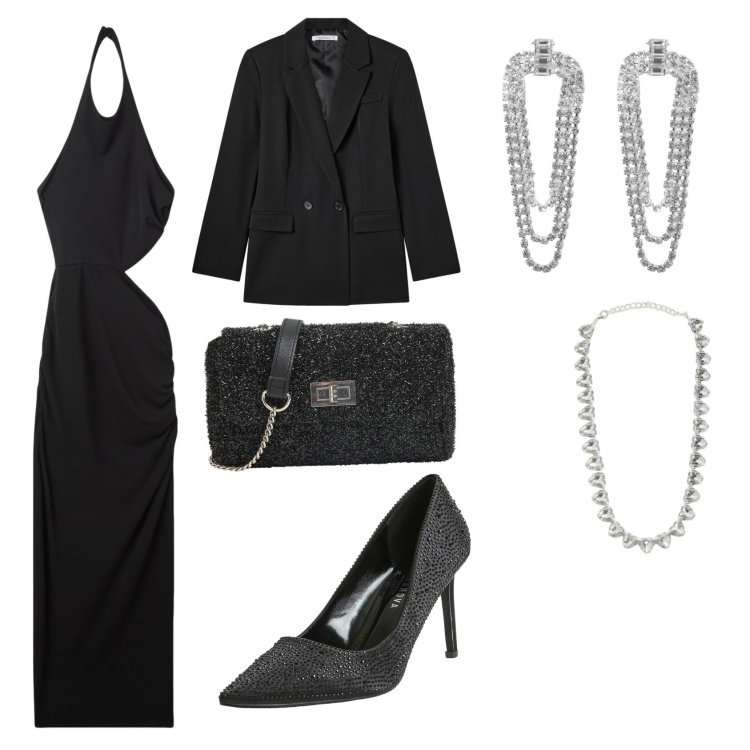 Outfit donna - Per non passare inosservato. Stile Glamour per Serata fuori. Abbinamento con orecchini, blazer, vestiti lunghi, décolleté, borse a tracolla, collane.