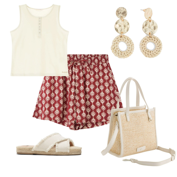 Outfit donna - Passeggiata al mare. Stile Etnico per Tutti i giorni. Abbinamento con ciabatte, orecchini, shorts, canottiere, borse a mano.