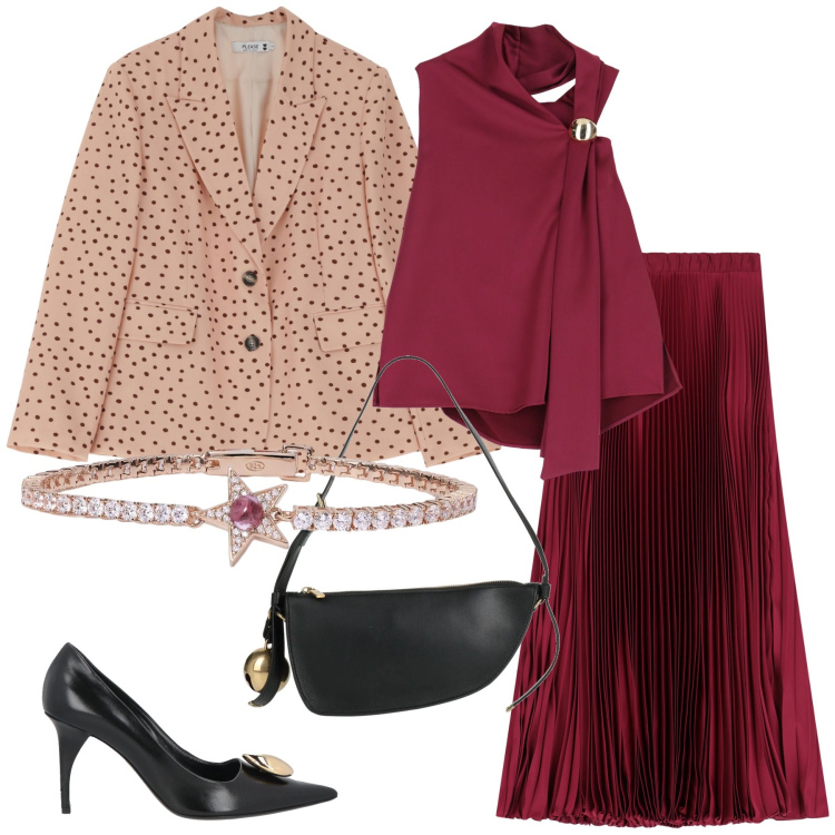 Outfit donna - Pois neri. Stile Casual chic per Serata fuori. Abbinamento con borse a mano, décolleté, braccialetti, blazer, gonne lunghe, top.