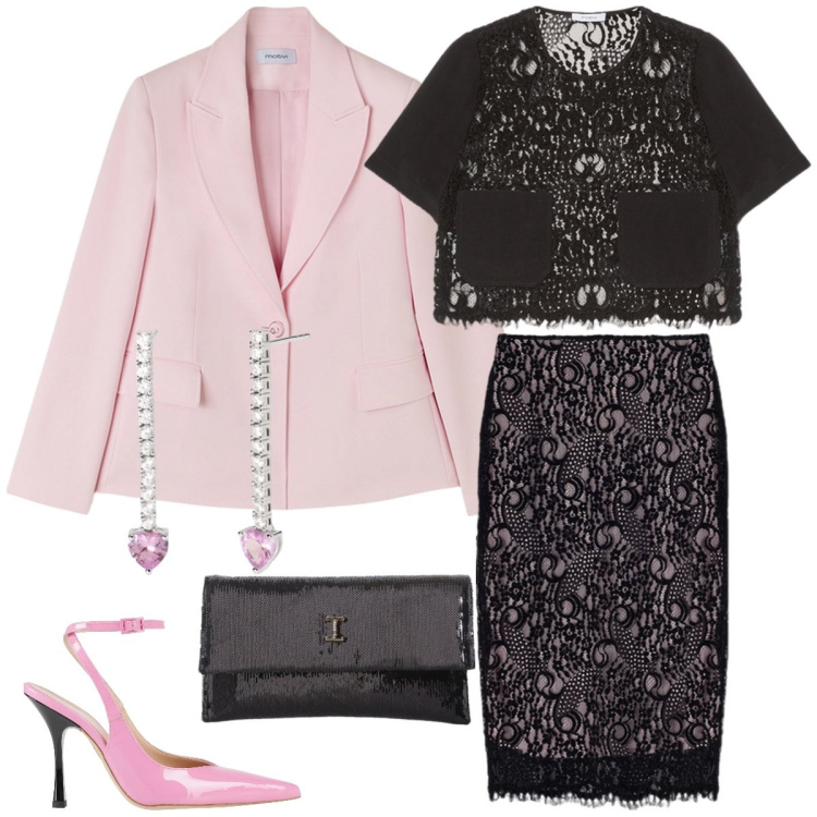 Outfit donna - Cerimonia. Stile Chic per Cerimonia. Abbinamento con décolleté, orecchini, borse a tracolla, gonne longuette, blazer, t-shirt.