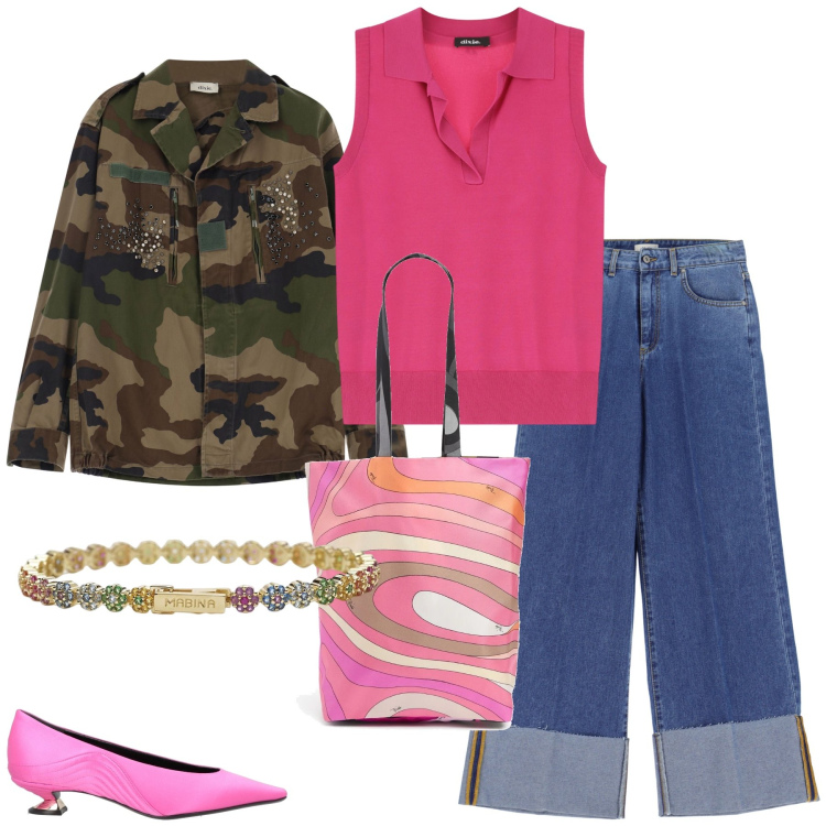 Outfit donna - Fucsia. Stile Casual chic per Serata fuori. Abbinamento con décolleté, braccialetti, jeans, maglieria, blazer, shopping bag.