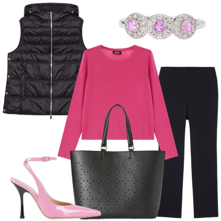 Outfit donna - Smanicato antivento. Stile Basic per Ufficio. Abbinamento con décolleté, anelli, pullovers, pantaloni, piumini, shopping bag.