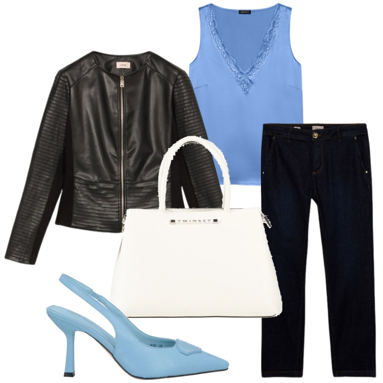 Outfit donna - Décolleté colorata. Stile Glamour per Ufficio. Abbinamento con borse a mano, décolleté, top, jeans, giacche.