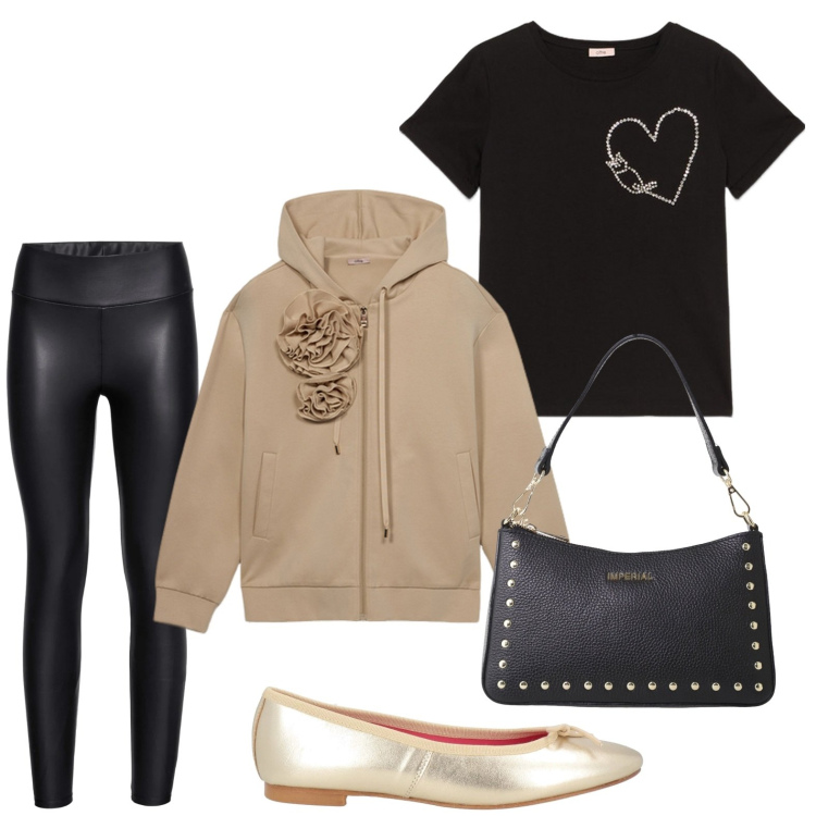 Outfit donna - La felpa con il fiore. Stile Minimal per Tutti i giorni. Abbinamento con leggings, ballerine, borse a spalla, felpe con cappuccio, t-shirt.