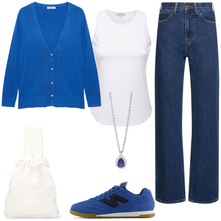 Outfit donna - Cardigan blu royal. Stile Casual per Tutti i giorni. Abbinamento con collane, sneakers, cardigans, borse a mano, jeans dritti, canottiere.