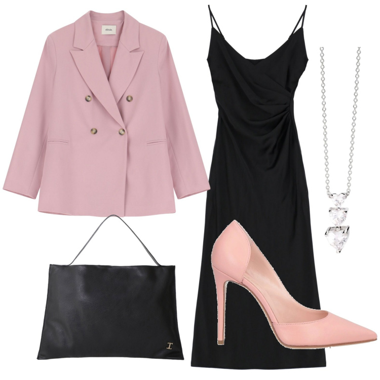 Outfit donna - Cena di lavoro. Stile Chic per Serata fuori. Abbinamento con décolleté, collane, borse a spalla, vestiti midi/longuette, blazer.