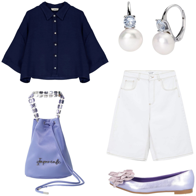 Outfit donna - Total look #2112064. Stile Casual chic per Tutti i giorni. Abbinamento con ballerine, bermuda, orecchini, borse a secchiello, camicie.