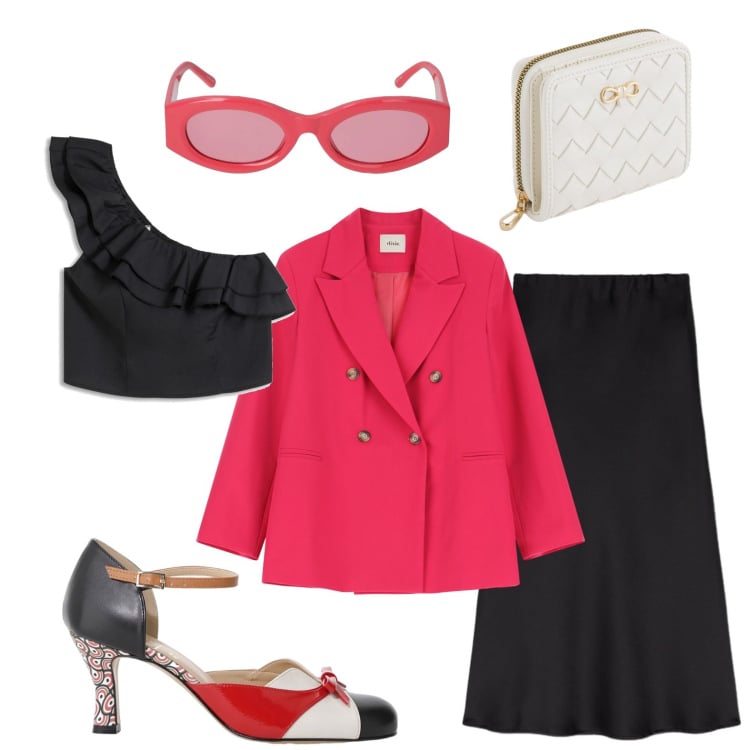 Outfit donna - Décolleté da ballo. Stile Chic per Serata fuori. Abbinamento con bluse, blazer, décolleté, gonne longuette, occhiali da sole, portafogli.