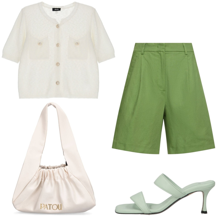 Outfit donna - Total look #2112074. Stile Casual chic per Tutti i giorni. Abbinamento con sandali in pelle, cardigans, borse a spalla, shorts.