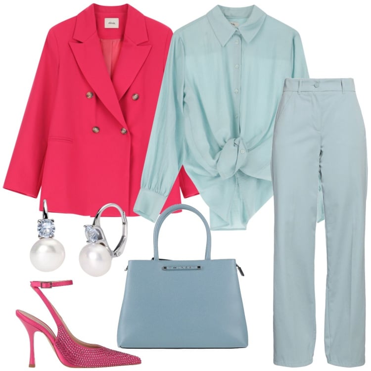 Outfit donna - Pranzo di lavoro. Stile Chic per Ufficio. Abbinamento con décolleté, borse a mano, pantaloni, orecchini, blazer, camicie.
