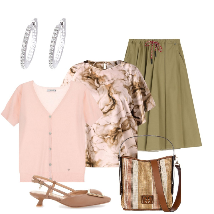 Outfit donna - In città. Stile Chic per Tutti i giorni. Abbinamento con orecchini, bluse, borse a secchiello, cardigans, gonne longuette, décolleté.