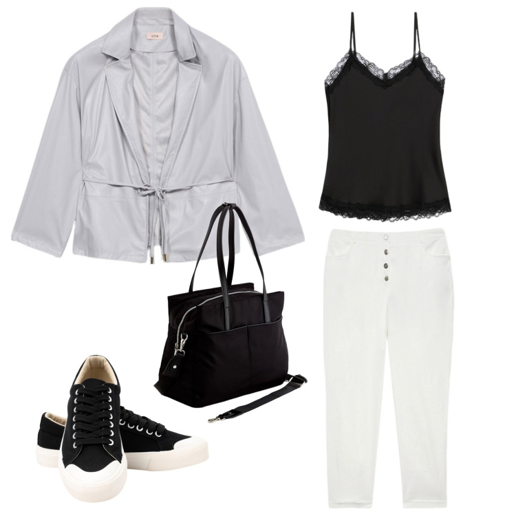 Outfit donna - Tra amici. Stile Casual per Tutti i giorni. Abbinamento con sneakers, pantaloni, blazer, top, borse a mano.