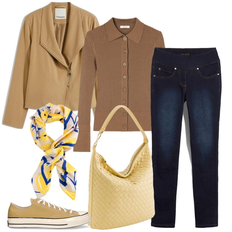 Outfit donna - Gita fuori porta. Stile Casual chic per Tutti i giorni. Abbinamento con jeans slim fit, bomber, cardigans, sneakers, foulard, borse a tracolla.
