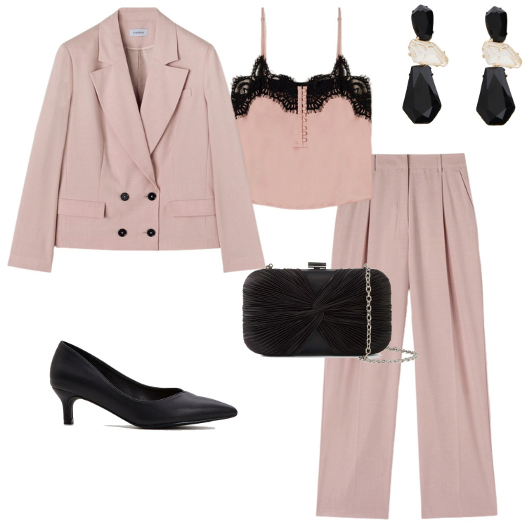 Outfit donna - Cerimonia in rosa. Stile Chic per Cerimonia. Abbinamento con décolleté, pochette, orecchini, pantaloni a palazzo, blazer, top.