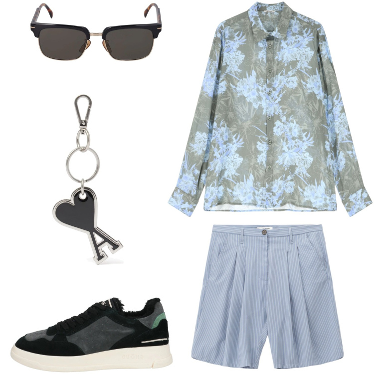 Outfit uomo - Pronto per una giornata al mare. Stile Casual per Mare. Abbinamento con sneakers, camicie, bermuda, occhiali da sole, portachiavi.