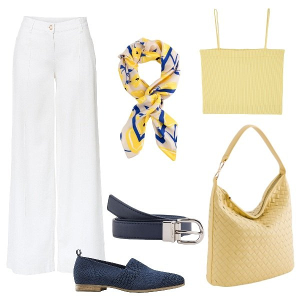 Outfit donna - summertime. Stile Casual chic per Tutti i giorni. Abbinamento con pantaloni a palazzo, mocassini, canottiere, foulard, cinture, borse a tracolla.