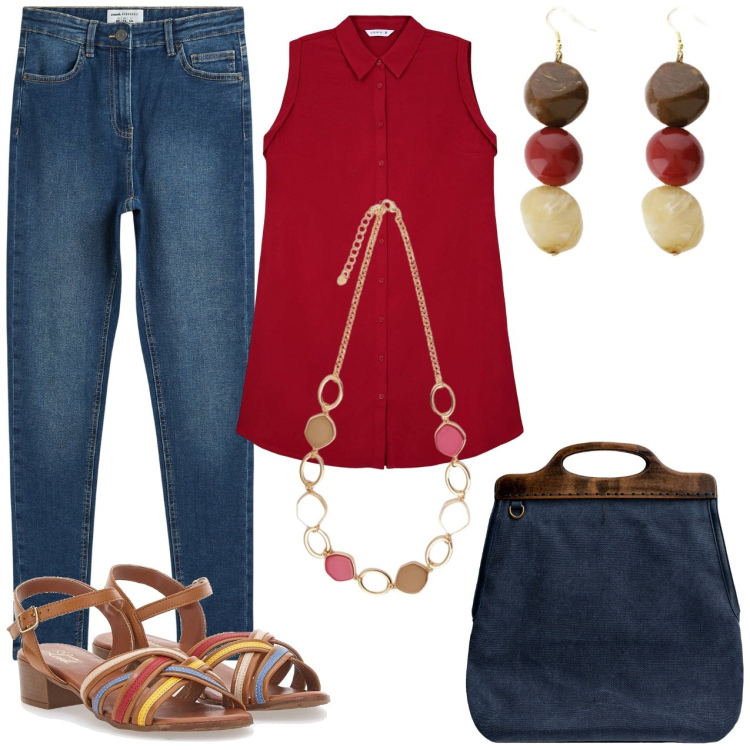 Outfit donna - Tra jeans e colori. Stile Casual chic per Tutti i giorni. Abbinamento con camicie a manica corta, jeans skinny, orecchini, sandali col tacco, borse a tracolla, collane.