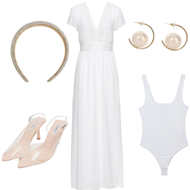 Outfit donna - Here comes the bride. Stile Bon Ton per Cerimonia. Abbinamento con vestiti lunghi, sandali col tacco, body, cerchietti, orecchini.