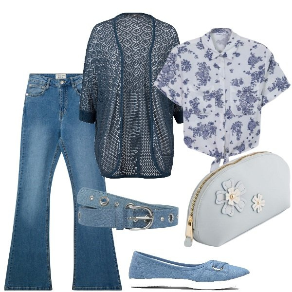 Outfit donna - Passeggiando al parco. Stile Casual per Tutti i giorni. Abbinamento con cardigans, ballerine, cinture, jeans a zampa, camicie, valigie.
