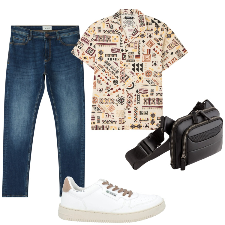 Outfit uomo - Camicia a fantasia. Stile Trendy per Tutti i giorni. Abbinamento con sneakers, jeans skinny, camicie a manica corta, borse sportive.
