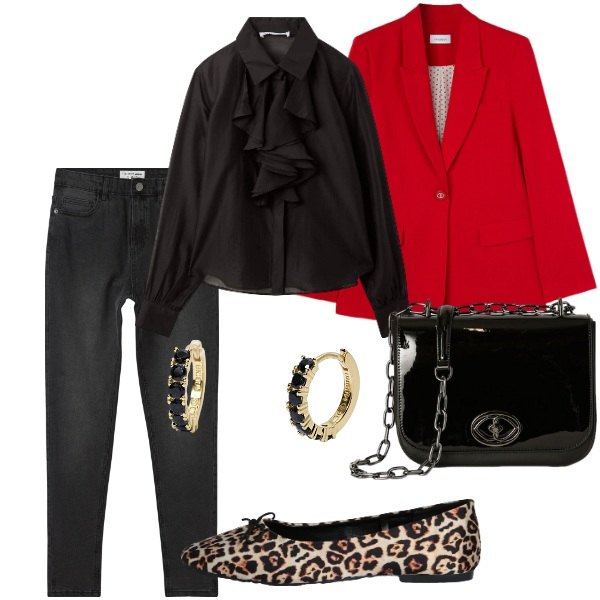 Outfit donna - Serata tra amici. Stile Casual per Tutti i giorni. Abbinamento con jeans skinny, camicie, ballerine, orecchini, blazer, borse a tracolla.