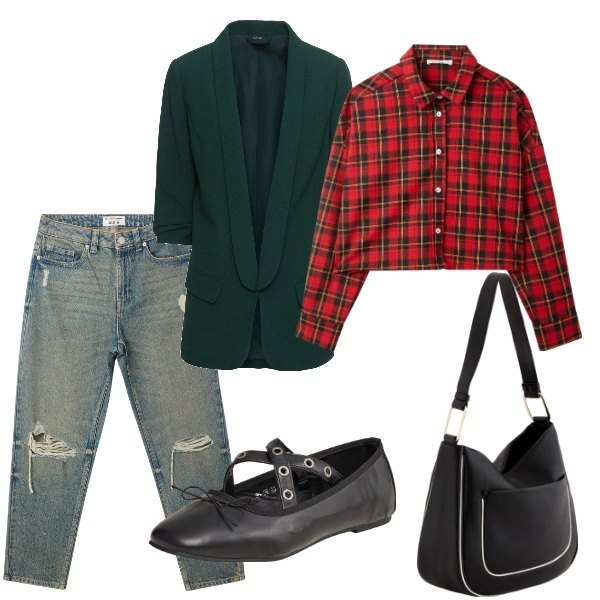 Outfit donna - Serata tra amici. Stile Casual per Tutti i giorni. Abbinamento con blazer, jeans mom, ballerine, camicie, borse a tracolla.