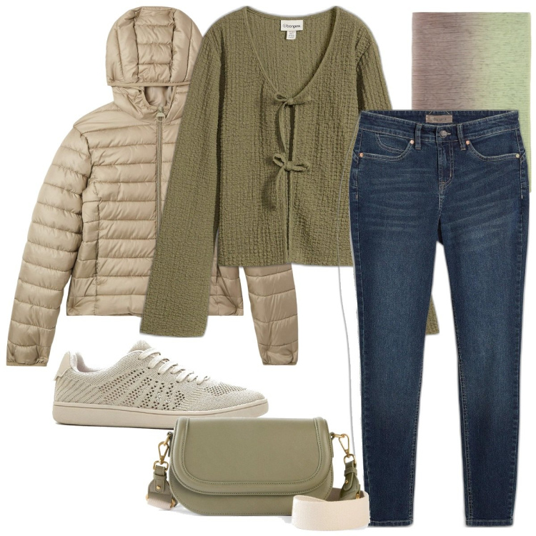 Outfit donna - Casual-chich tutti i giorni. Stile Casual chic per Tutti i giorni. Abbinamento con jeans skinny, bluse, sneakers, borse a tracolla, piumini, stole.