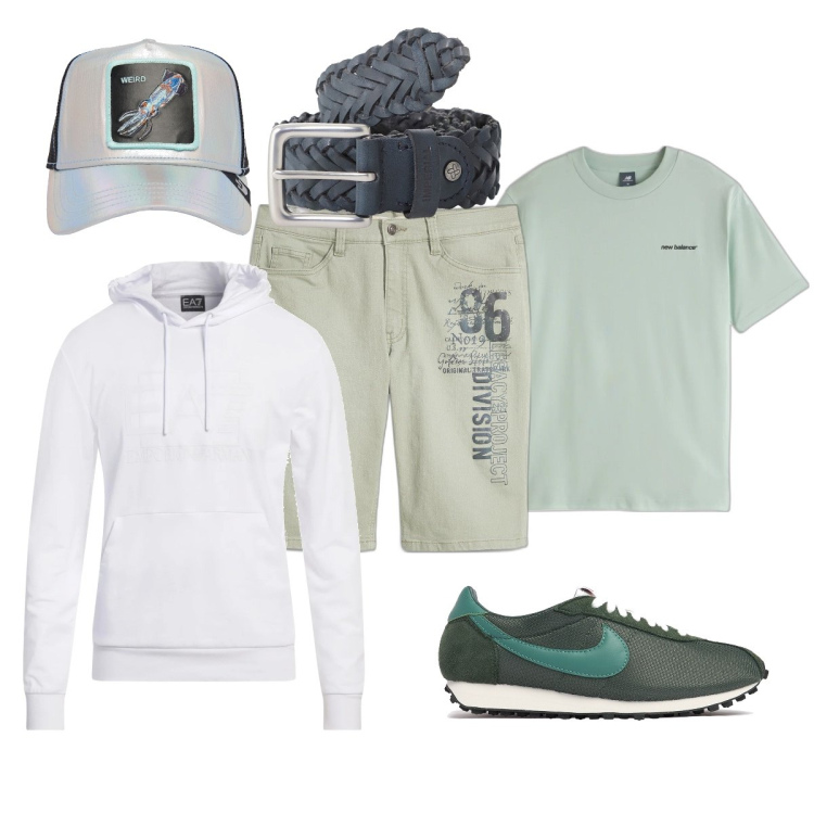 Outfit uomo - Giornata al mare. Stile Casual per Mare. Abbinamento con bermuda, felpe con cappuccio, t-shirt, cinture, cappelli, sneakers.