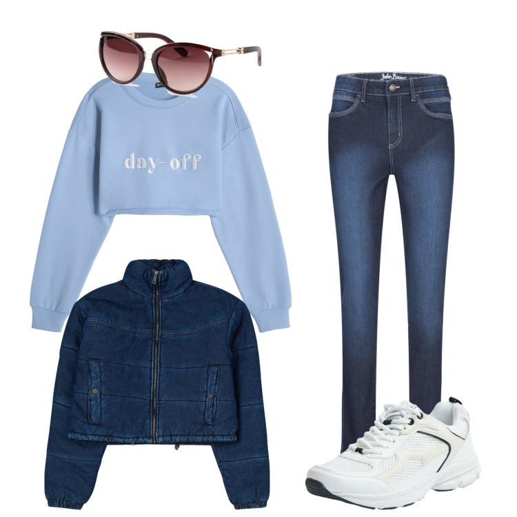 Outfit donna - Al parco. Stile Sporty chic per Tutti i giorni. Abbinamento con jeans skinny, occhiali da sole, blazer, sneakers, felpe.