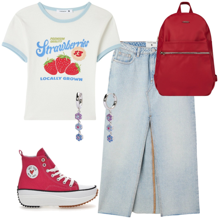 Outfit donna - Tempo di fragole. Stile Trendy per Tutti i giorni. Abbinamento con t-shirt, gonne lunghe, orecchini, zaini, sneakers.