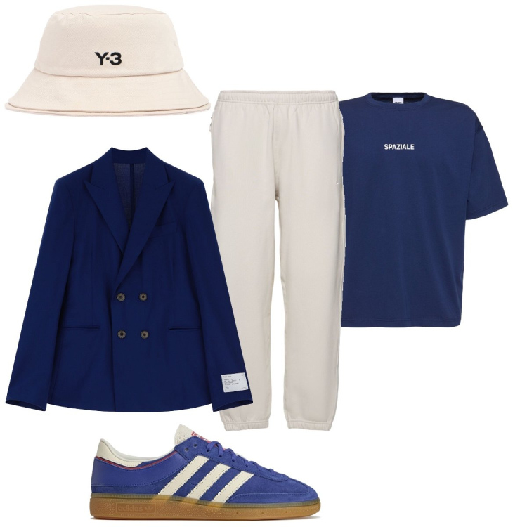 Outfit uomo - Bianco e blu. Stile Trendy per Mare. Abbinamento con giacche, t-shirt, cappelli, sneakers, pantaloni.
