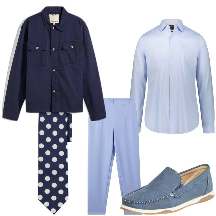 Outfit uomo - Pois a primavera. Stile Casual per Serata speciale. Abbinamento con giacche, scarpe stringate, pantaloni chino, camicie, cravatte.